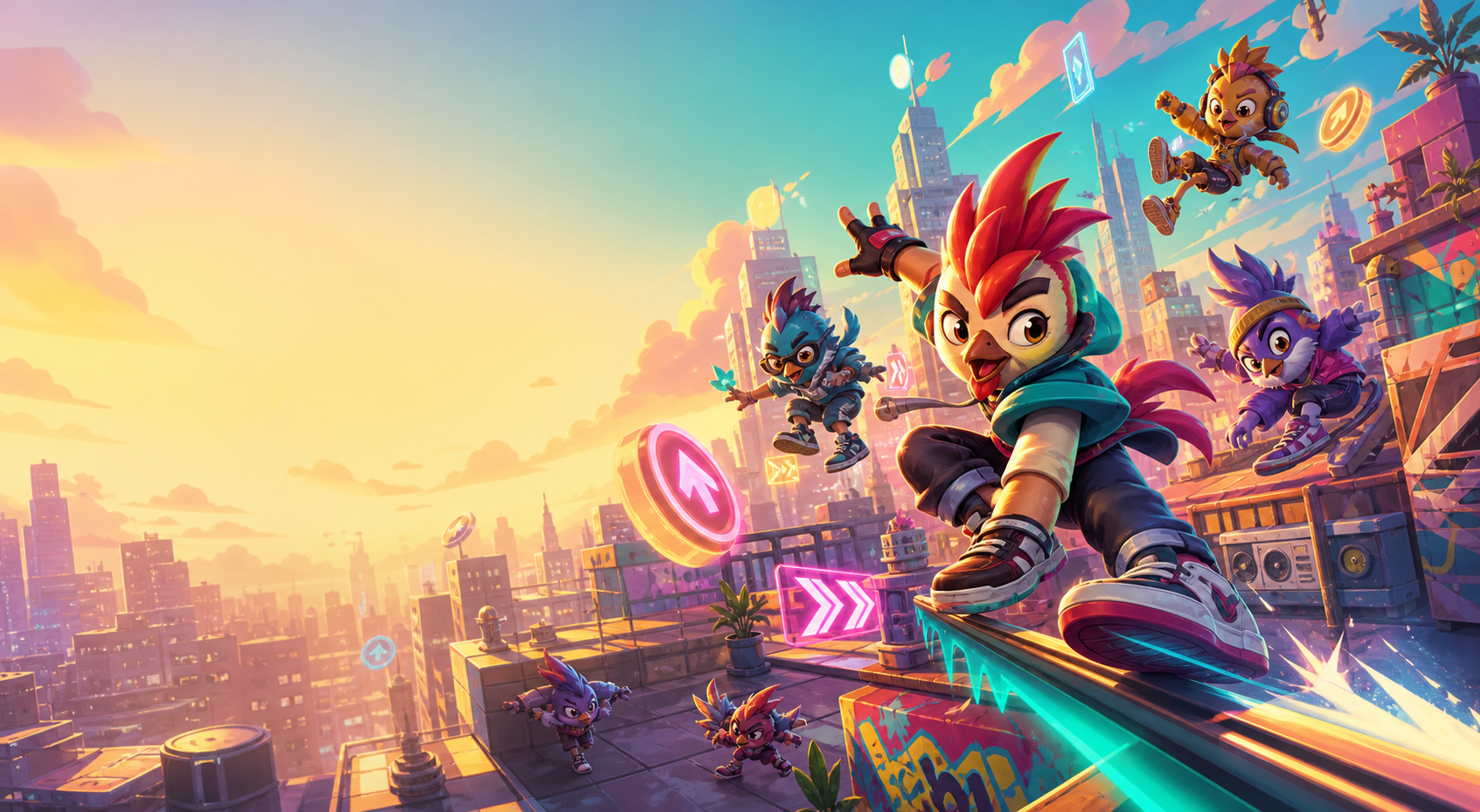 Generiertes Roostino Key Art mit Rooftop-Stadt und buntem Charakter